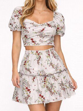 Anna Kay Floral Two Piece Cottagecore Set Puff Sleeve Back Tie Skirt Set Size S